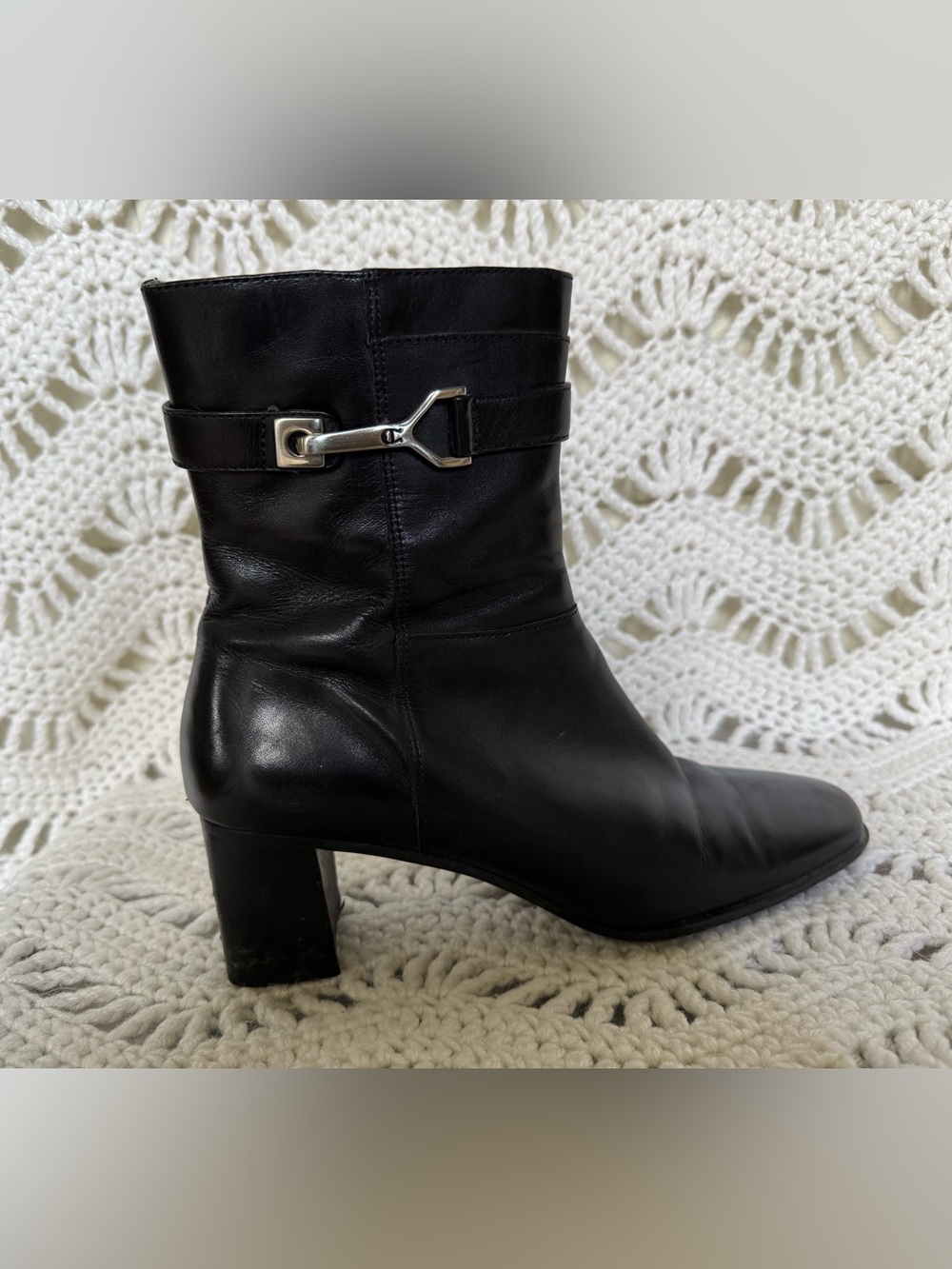 Etienne Aigner Black Leather Mid-Calf Boot with Silver-Tone Bit